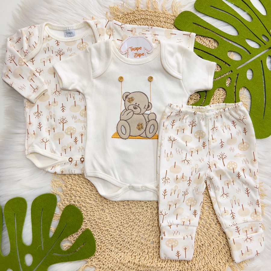 CONJ. DE MALHA 3 PEÇAS - Bear no Balanço - Off White e Ferrugem CONJ. DE MALHA 3 PEÇAS - Bear no Balanço - Off White e Ferrugem